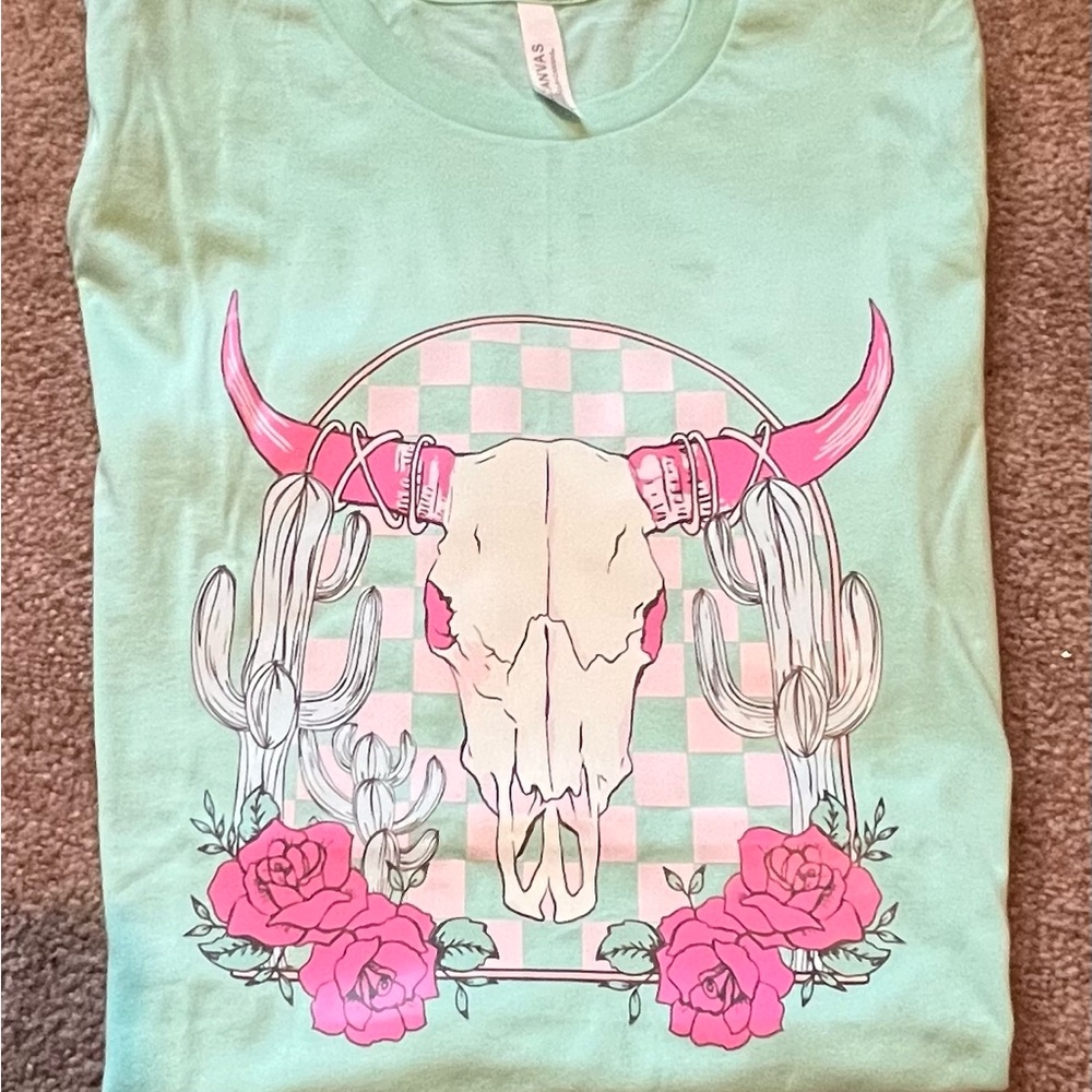 Green tee skull and rose graphic